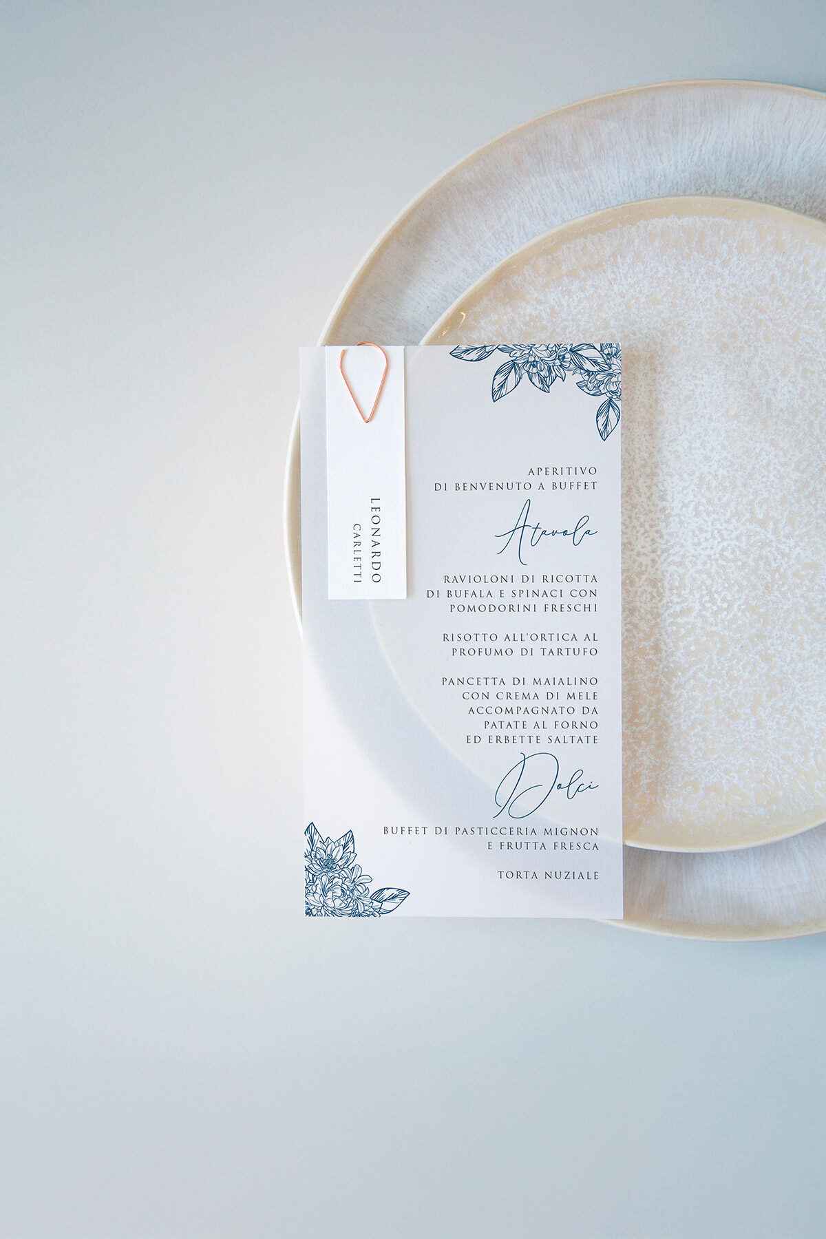 Menu Segnaposto Vellum Blu vintage