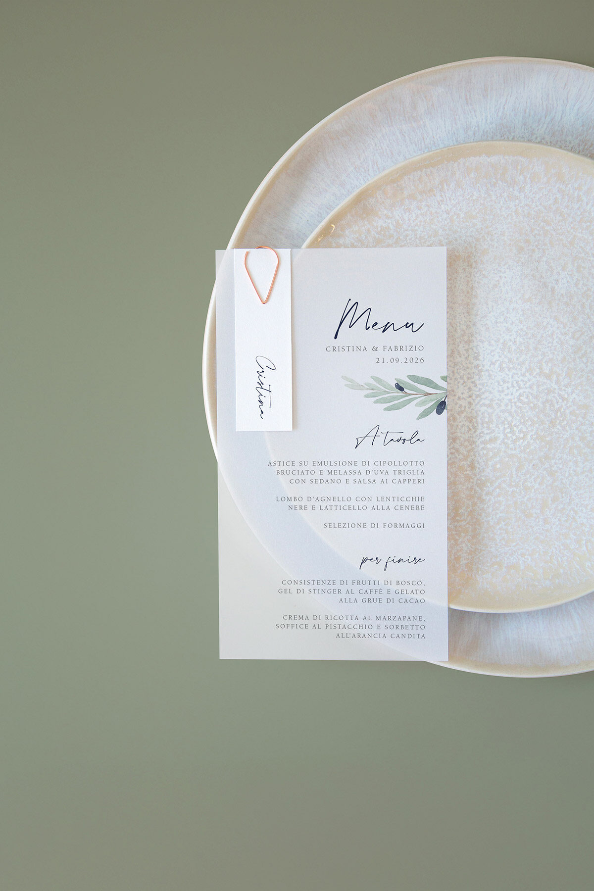 Menu Segnaposto Vellum Ulivo